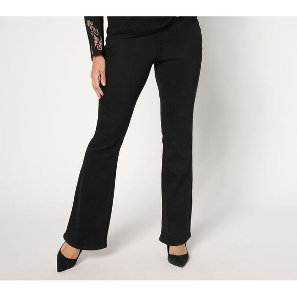 Susan Graver Women's Pants Sz 6 Tall Stretch Denim Pull-On Flare Black A652909 - Picture 1 of 4